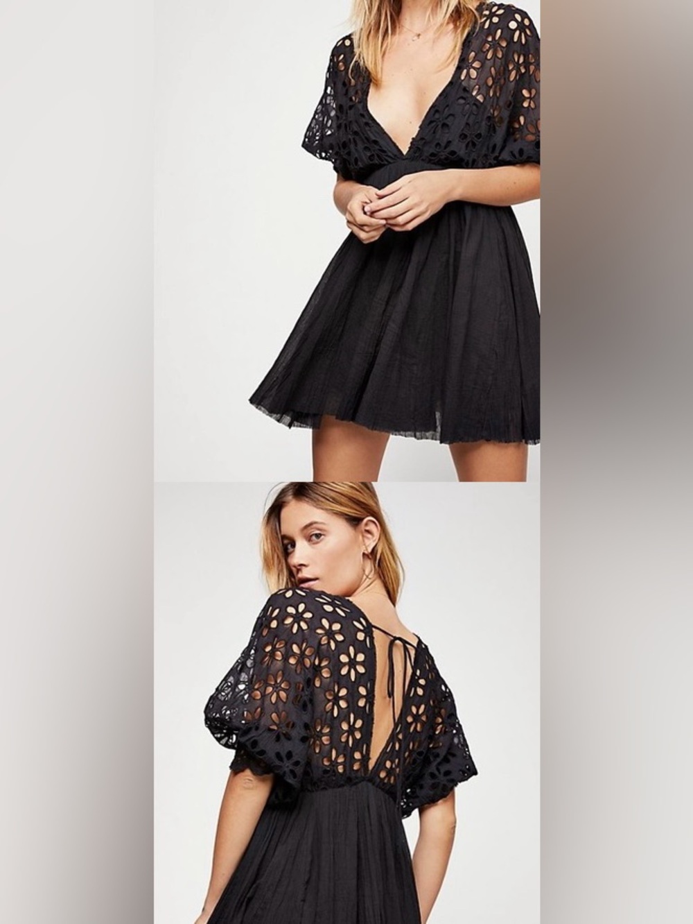 Free People Bella Note Black Mini Dress Eyelet Lace Flower S